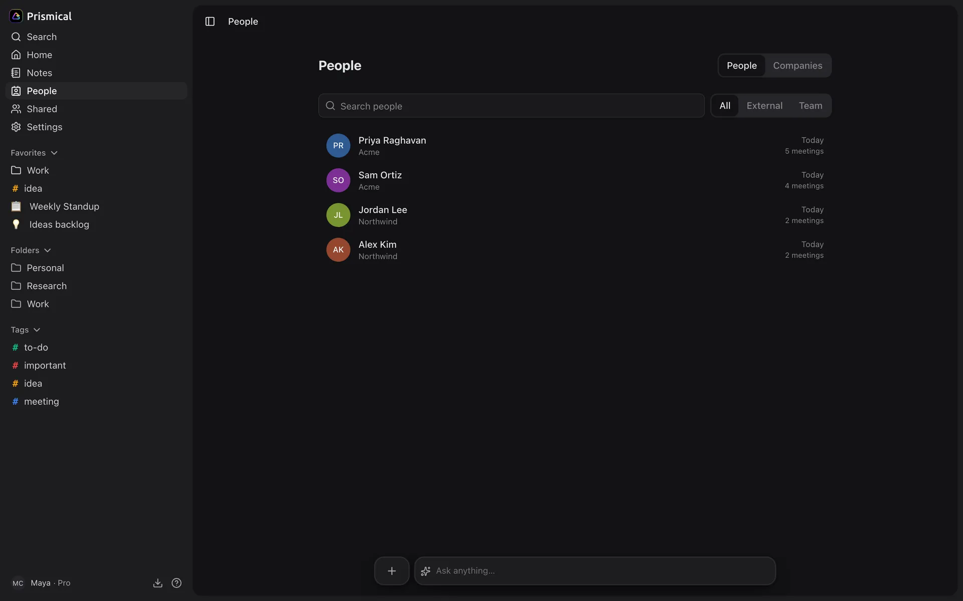 The People directory, listing contacts with their company and how many meetings you share.
