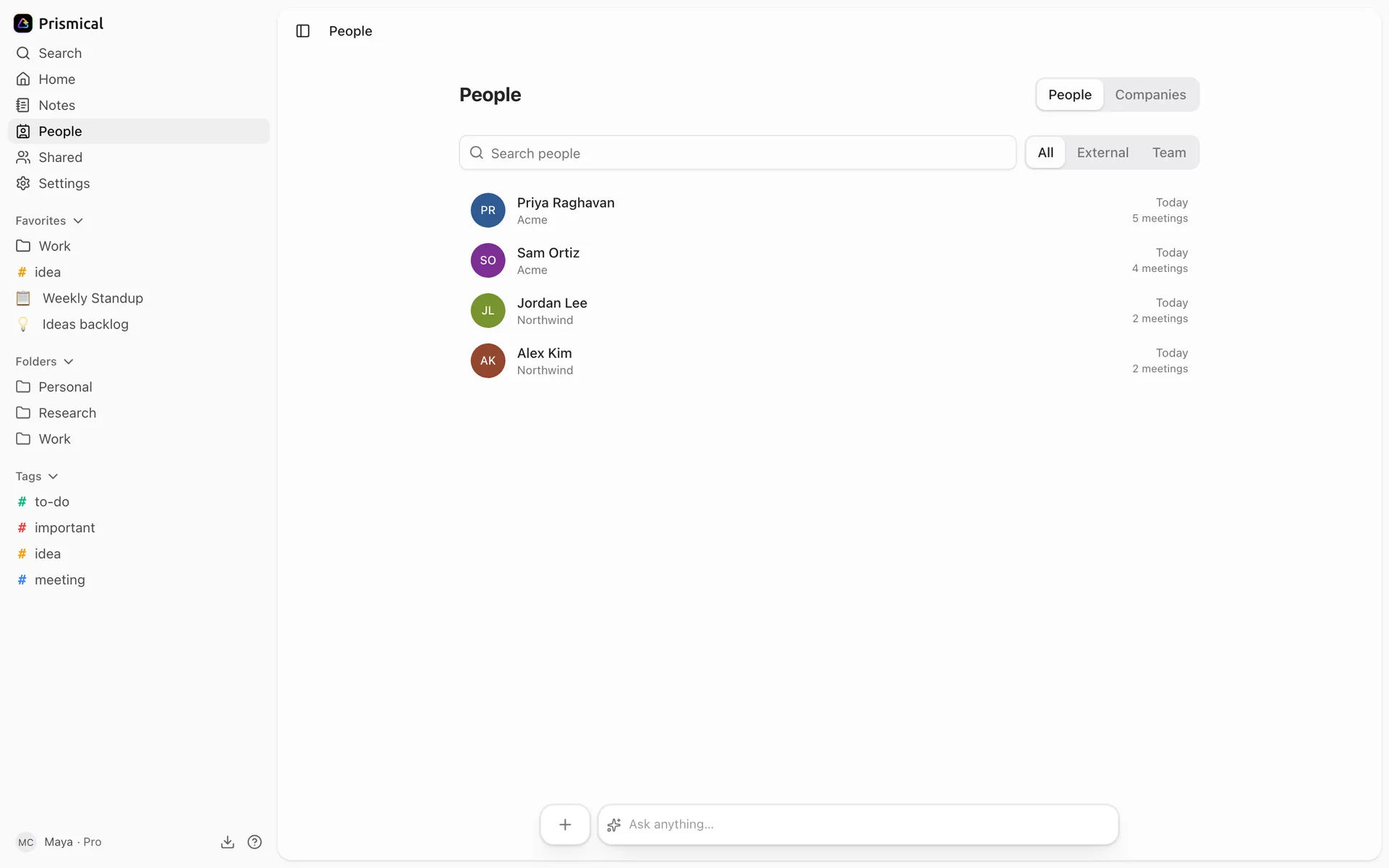 The People directory, listing contacts with their company and how many meetings you share.