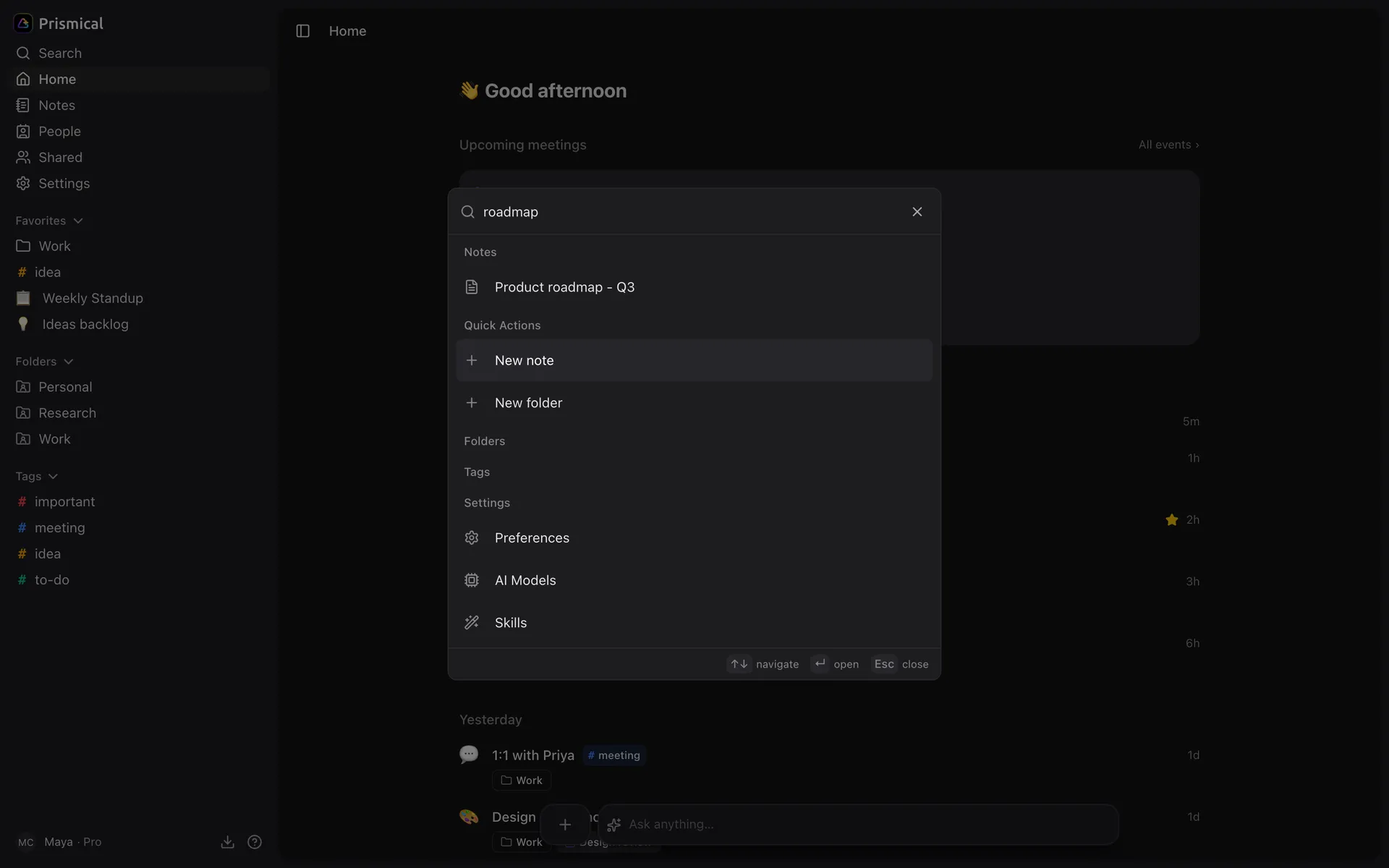 The search palette open over Home, with the query roadmap matching the Product roadmap note, plus quick actions and settings.