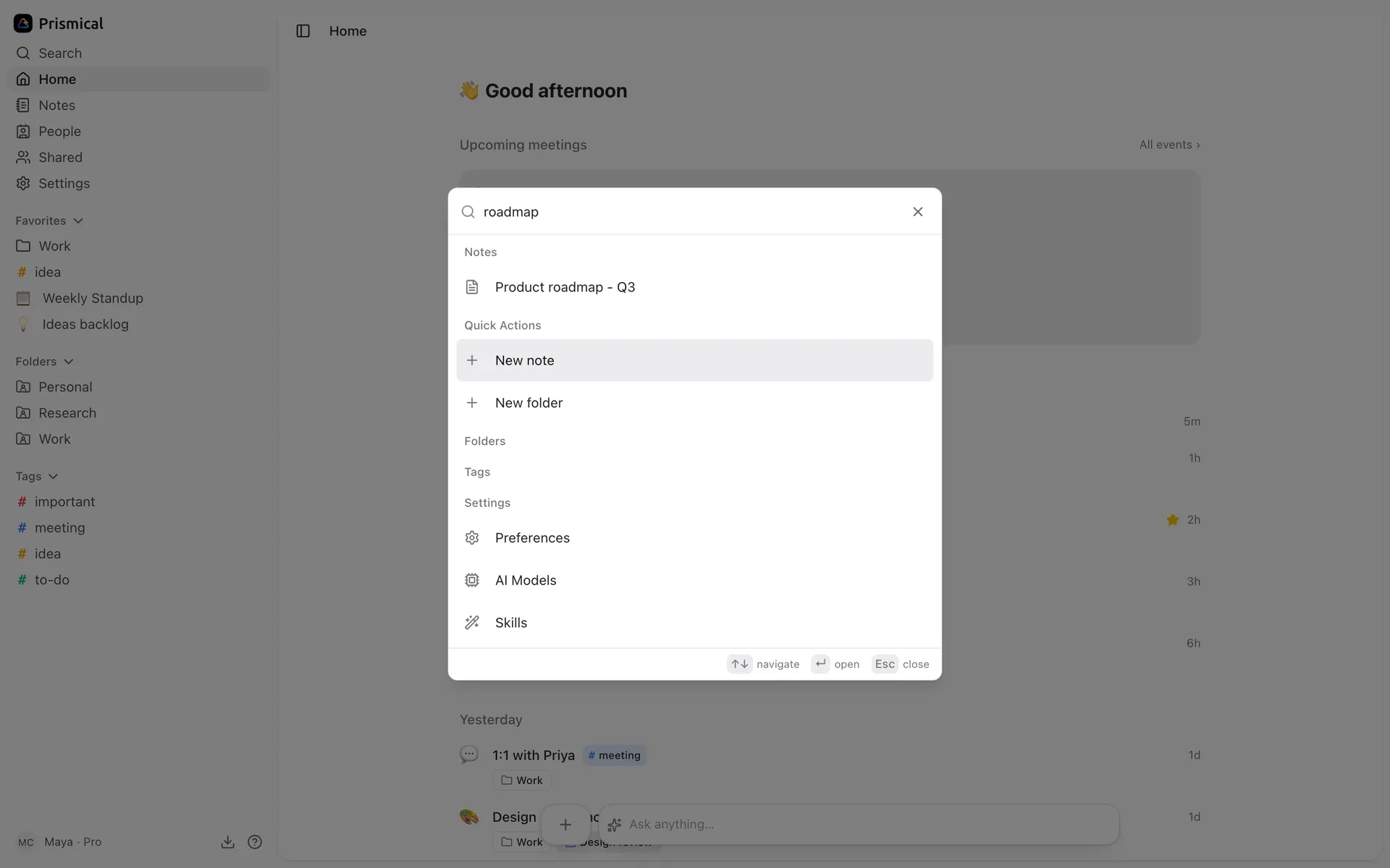 The search palette open over Home, with the query roadmap matching the Product roadmap note, plus quick actions and settings.