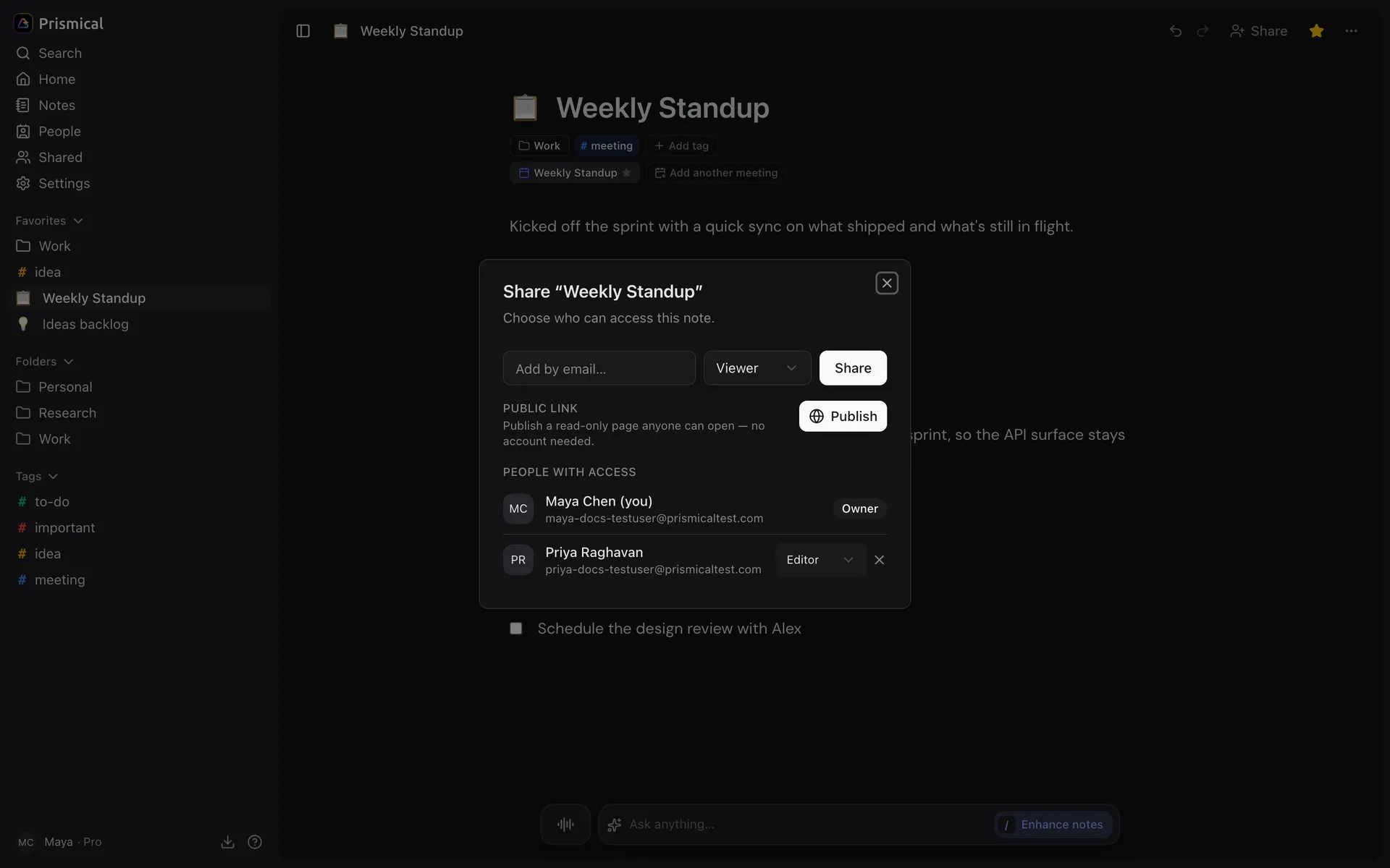 The Share dialog for a note: an email field with a role picker, a Publish button for a public link, and the people with access — the owner and one editor.