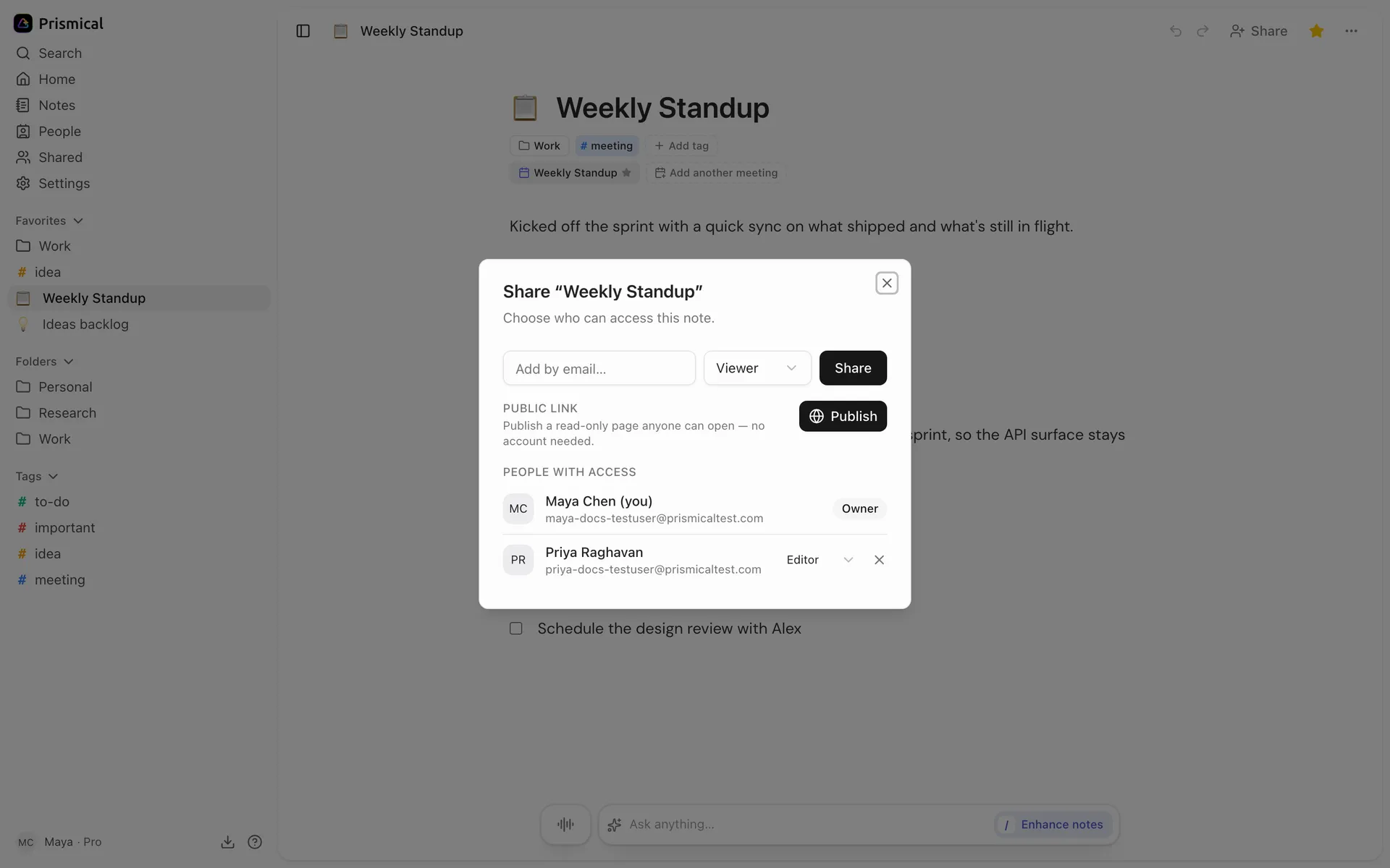 The Share dialog for a note: an email field with a role picker, a Publish button for a public link, and the people with access — the owner and one editor.