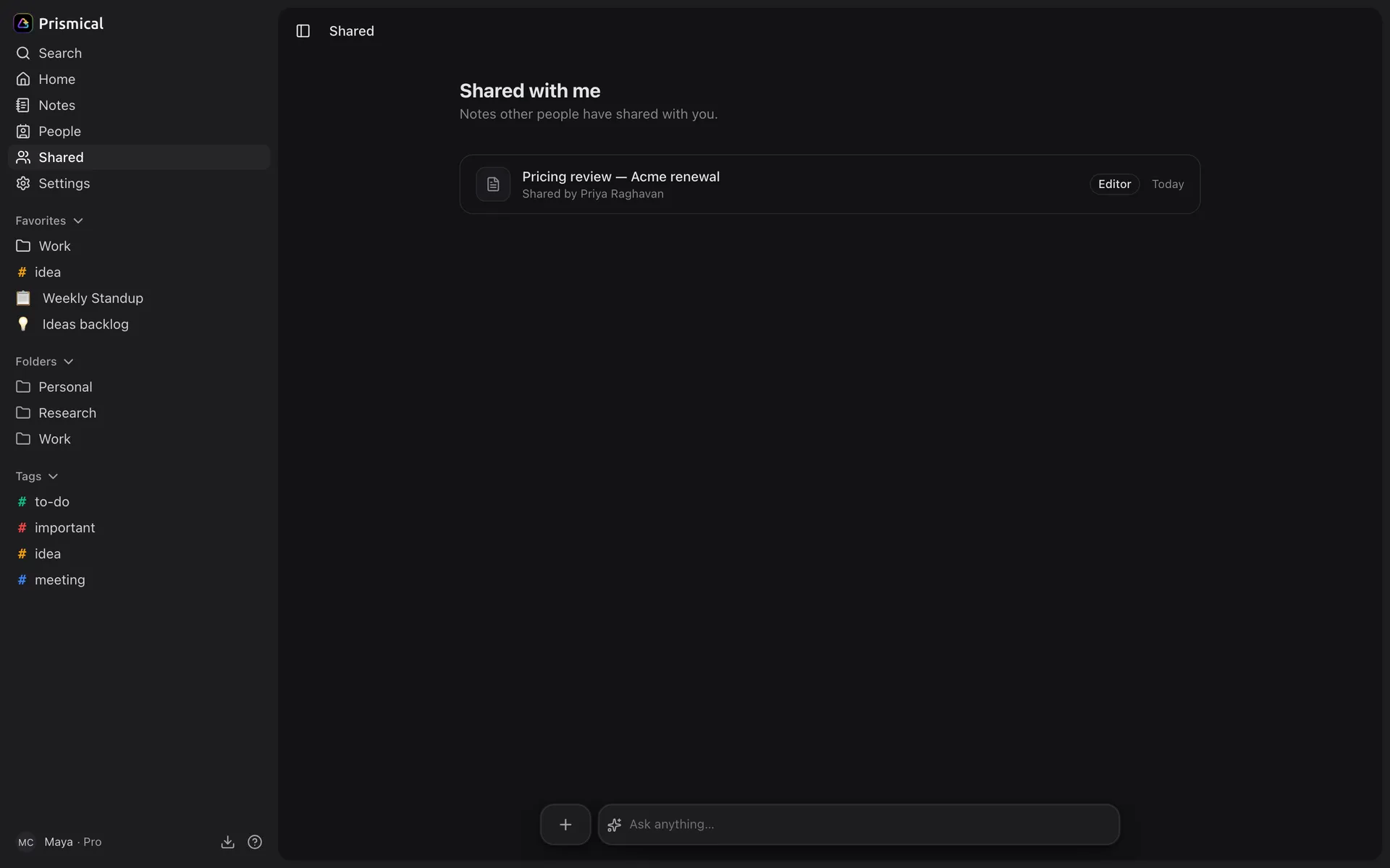 The Shared with me screen, listing a note someone shared with you and your role on it.