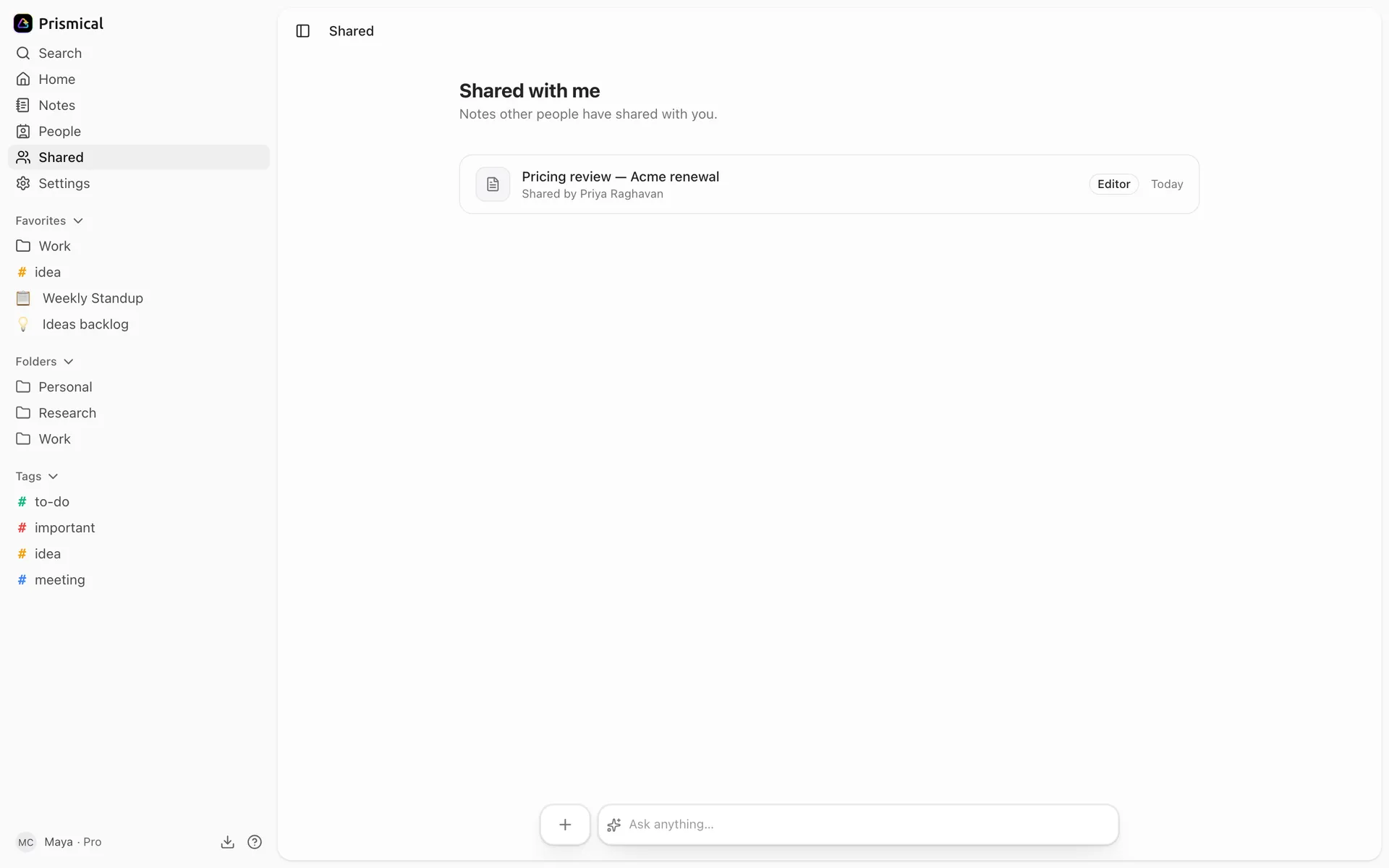 The Shared with me screen, listing a note someone shared with you and your role on it.