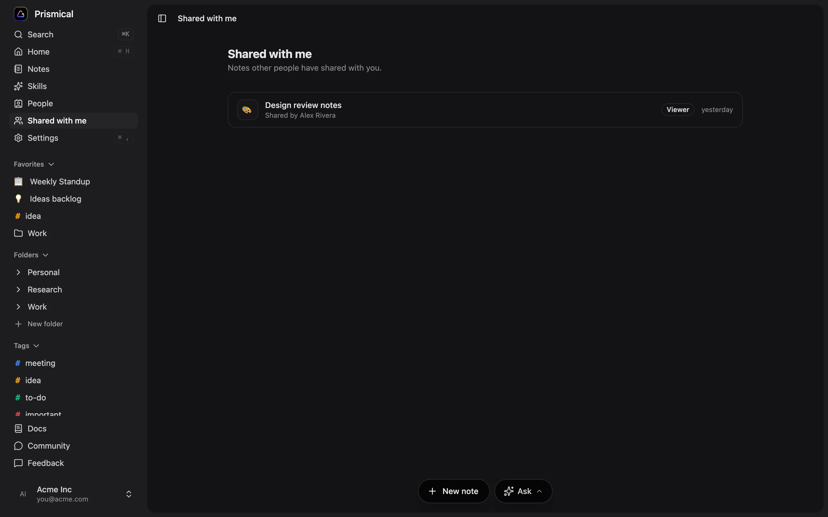 Prismical shared notes screen showing demonstration content and sharing context