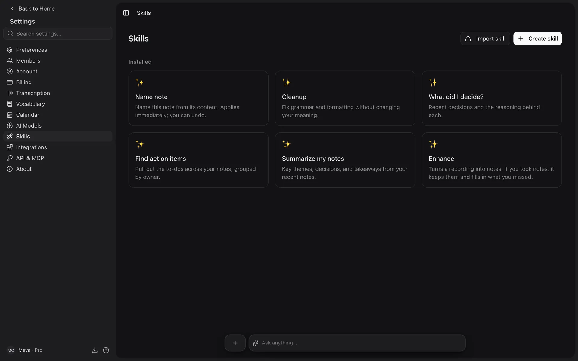 The Skills screen in Settings, showing built-in skills like Summarize, Draft follow-up email, and Extract action items.