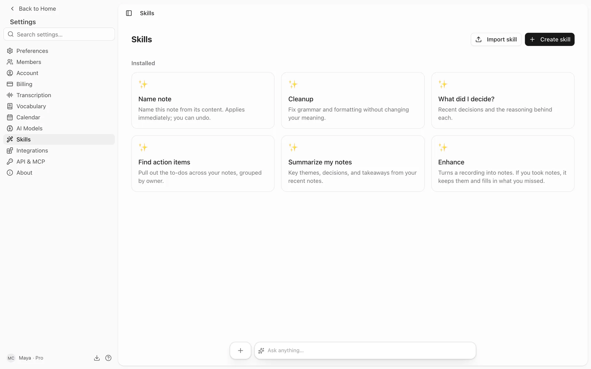 The Skills screen in Settings, showing built-in skills like Summarize, Draft follow-up email, and Extract action items.