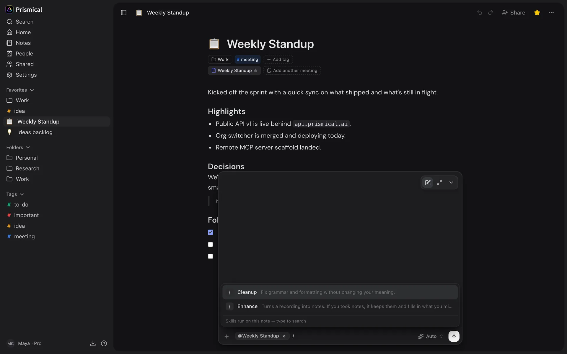 Typing a slash in the Ask bar on a note lists the skills that run on it, starting with Cleanup and Enhance.