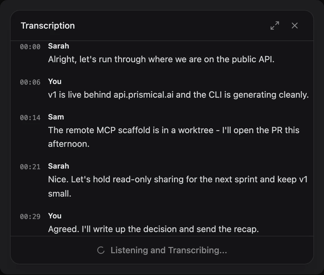 Prismical transcript-panel detail with demonstration dialogue